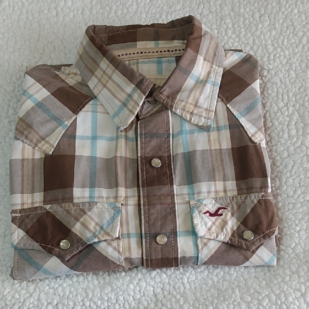 Hollister Plaid Western Snap Button Long Sleeve Shirt Men's Brown Blue White - Picture 15 of 15